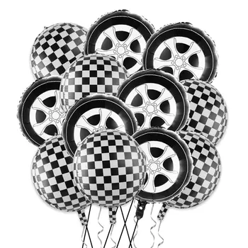 12шт черных и белых клетчатых воздушных шаров Воздушные шары для гоночных автомобилей Алюминиевые воздушные шары для автомобильных колесных шин Тематический декор для вечеринки по случаю Дня рождения