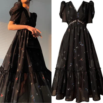 14601 #IENA Винтажное Черное платье Миди с цветочным рисунком, Женское Французское Элегантное платье с коротким рукавом, Летнее Повседневное Корейское вечернее платье для вечеринок 2023 г.