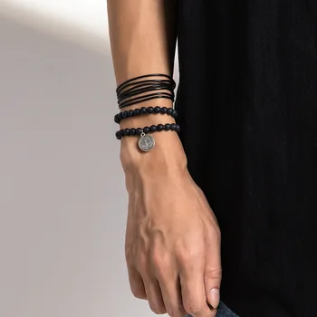2023 Новый Плетеный Мужской кожаный браслет с изображением Древа Жизни, Креативный Универсальный Черный Вулканический камень Для повседневного ношения