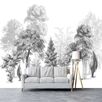 3D индивидуальный черно-белый эскиз в стиле абстрактного леса, современная спальня, гостиная, диван, ТВ, фоновая стена