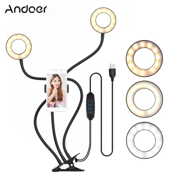 Andoer 3,5-дюймовый Кольцевой Светильник с Клипсой Mini USB, Заполняющая Лампа, Кольцевая Лампа с Двумя Лампами с Регулируемой Яркостью, с Держателем Телефона для Прямой Трансляции