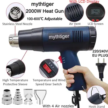 mythtiger 2000 Вт Промышленный фен для волос, воздушный пистолет, нагревательный пистолет, Воздушная обертка, Тепловая пушка для сварки, Термоусадочная упаковка, термозакрепляющий аппарат для горячего воздуха