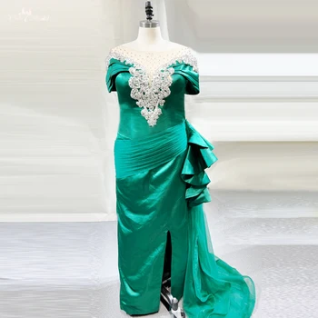 RSE937, V-образный вырез с открытыми плечами, Вечерние платья для мамы из зеленого атласа, Женское вечернее платье с разрезом