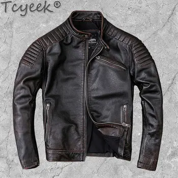 Tcyeek, весна-осень, винтажная мужская кожаная куртка, тонкие мотоциклетные куртки из натуральной кожи, пальто из воловьей кожи, мужская одежда Abrigos