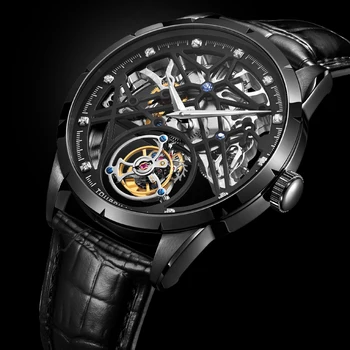 Высококачественные мужские часы с прозрачным скелетоном Tourbillon, оригинальный механизм Tourbillon с ручным заводом, мужские механические часы, светящиеся стрелки