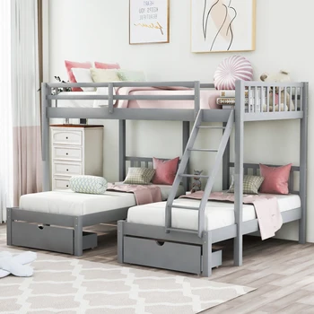 Двухъярусная кровать с двумя односпальными кроватями, деревянная трехъярусная кровать с выдвижными ящиками и перилами (серая)