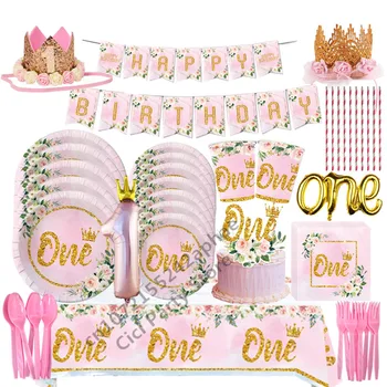 Девочки One First С Днем Рождения Одноразовая Посуда Розовая Тарелка Салфетки Чашка Шляпа для Душа Ребенка 1-Летний День Рождения Deco