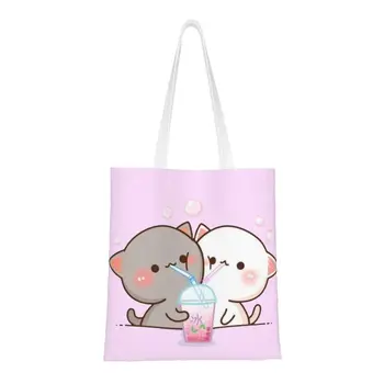 Изготовленная на заказ холщовая сумка для покупок Mochi Cat Peach и Goma, Женская Многоразовая сумка для покупок с продуктами, сумки для покупок