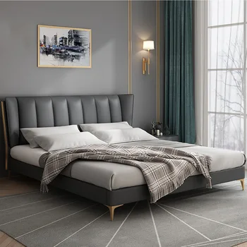 Итальянская светлая роскошная кожаная кровать, главная спальня в современном строгом стиле, двуспальная кровать 1,8 м, художественная кожаная кровать с полным краем, директ производителя