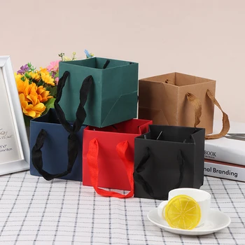 Квадратный портативный крафт-бумажный пакет Цветы, одежда для покупок, сумка для упаковки парика, сумка для свадебных подарков на день рождения растений