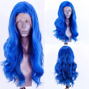 Короткий синтетический парик на шнурке спереди бесклеевого синего цвета, свободные волнистые волосы из термостойких волокон, естественная линия роста волос для афроамериканцев