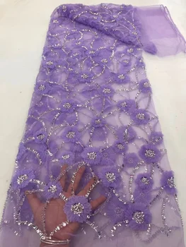 Кружевная ткань с бисером Роскошные хрустальные бусины ручной работы для свадебного платья Высококачественная сетка из нигерийского тюля с черными блестками Diy Material