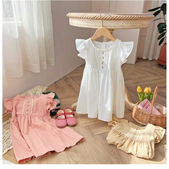 Летнее кружевное платье с цветочной вышивкой для девочек 2023 года, милая хлопковая детская юбка с короткими рукавами, платье для маленьких девочек