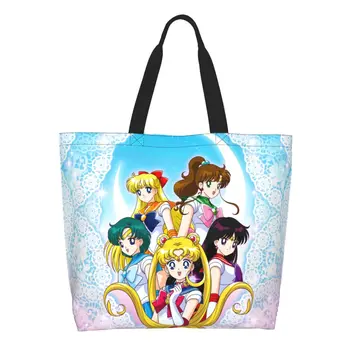 Многоразовая хозяйственная сумка из японского аниме Shojo Sailor, холщовая сумка через плечо, моющиеся сумки для покупок с мультяшной девушкой-Луной