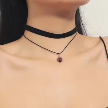 Модные ожерелья-чокеры для женщин, красивые двухслойные ожерелья, черная лента, подвеска в виде фиолетового сердца, ювелирные изделия