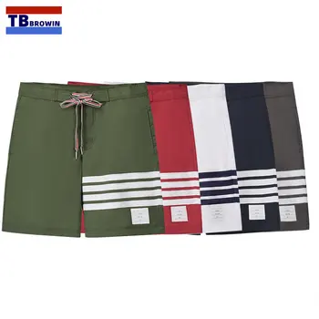 Мужские прямые шорты TB BROWIN Thom, Летние повседневные пляжные брюки, модные красные, белые, синие шорты в полоску с четырьмя полосками спереди