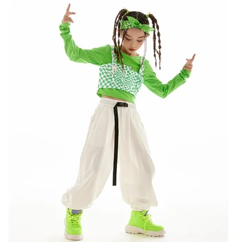 Новые детские танцевальные костюмы в стиле хип-хоп для девочек, зеленые укороченные топы, свободные белые брюки, одежда для уличных танцев, одежда для джазовых танцев, рейв-одежда DN13861