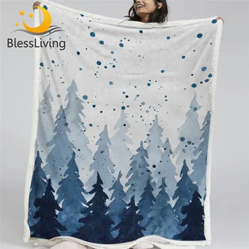 Одеяло BlessLiving Forest, покрывало из шерпы с матовым рисунком, Синее постельное белье, флисовое одеяло в деревенском стиле, манты