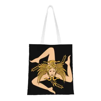 Переработка Сицилия Тринакрия Хозяйственная сумка Женская холщовая сумка через плечо Моющаяся Италия Сицилийский Флаг Продуктовые сумки для покупок