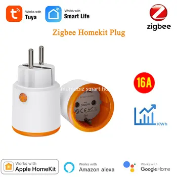 Поддержка штекера Tuya Smart Zigbee EU / FR 16A HomeKit с функцией мониторинга энергопотребления, Беспроводным управлением приложением, Совместимым с Alexa Siri