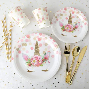 Посуда для вечеринки по случаю Дня рождения, тарелки для пикника, одноразовые бумажные тарелки в горошек с единорогом, принадлежности для украшения вечеринки