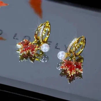 Роскошные женские серьги-кольца с красным цирконом и кленовым листом, новые оригинальные серьги с блестящими кристаллами, свадебные украшения для вечеринок.