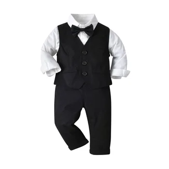 Свадебный костюм для мальчика, одежда для малышей, формальный хлопковый черный жилет + Белая рубашка + брюки, 4 предмета полной экипировки