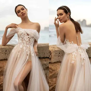 Сексуальное свадебное платье в стиле бохо с открытыми плечами, Кружевная аппликация, Высокий разрез по бокам, свадебное платье с элегантной иллюзией без спинки Vestidos De Noiva