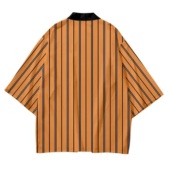 Сине-Оранжевая Полоса Пляжное Японское Кимоно Уличная Одежда Мужчины Женщины Кардиган Хаори Юката Топы Халат Одежда В Национальном Стиле