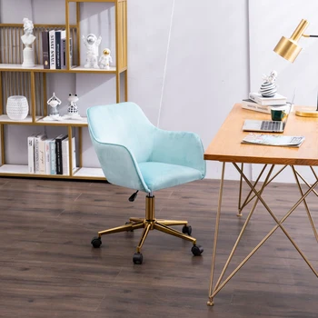 Современное компьютерное кресло для домашнего офиса из бархата с позолоченными металлическими ножками, регулируемой высотой, вращающееся на 360 градусов с помощью универсального колеса