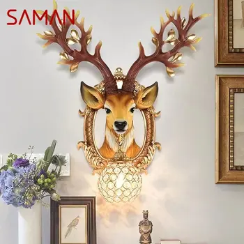 Современный настенный светильник SAMAN с оленем, светодиодный креативный интерьер, бра из смолы для дома, гостиная, коридор, фоновый декор