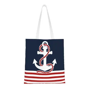 Сумки для покупок с продуктами в морскую полоску и красным якорем, холщовая сумка для покупок с принтом на заказ, парусная сумка для моряка