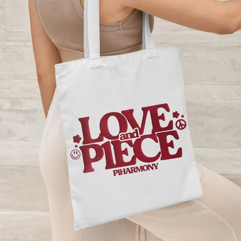 Холщовая сумка с принтом LOVE PIECE, повседневная большая сумка, женская экологичная сумка для покупок, моющаяся сумка-тоут большой емкости