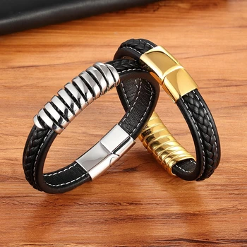 Черный кожаный браслет в стиле панк, специальная дизайнерская застежка из нержавеющей стали, модный браслет для мужчин, ювелирные изделия, подарки на день рождения