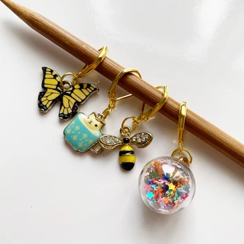 Эмалированная чашка с бабочкой, Кошка, Пчела, стеклянный шарик, фиксирующие маркеры для стежка, набор из 4 металлических инструментов для вязания крючком, наборы для рукоделия ручной работы