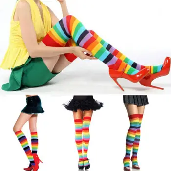 1 пара разноцветных радужных чулок, полосатые длинные носки, женские гольфы выше колена, женские гольфы выше колена