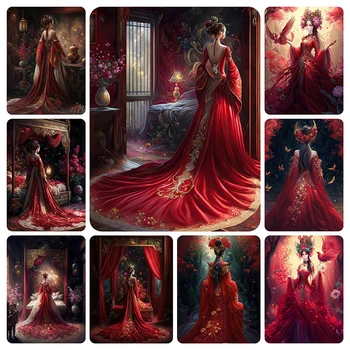 100% Сверла Алмазная живопись Мечта свадебное платье Вышивки крестом Китайский стиль Алмазная Вышивка DIY Художник женщина цветочный Декор X1022