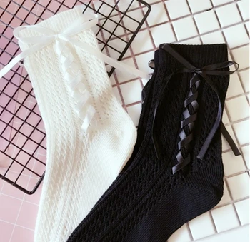 2017 Новые дизайнерские черно-белые носки со шнуровкой, женские хлопковые осенне-весенние носки, длинные кружевные забавные носки, женские носки в стиле харадзюку