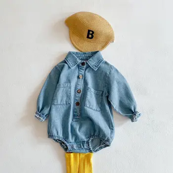 2023 Комбинезон для новорожденных мальчиков, одежда, весна-осень, Корейский джинсовый комбинезон для младенцев, джинсовый комбинезон с длинным рукавом и карманом для малышей, комбинезон для мальчиков