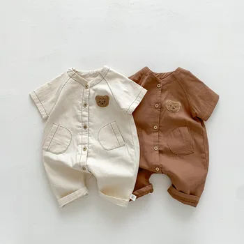 2023 Летняя одежда для новорожденных, комбинезон для маленьких мальчиков, Хлопковый комбинезон с вышивкой Медведя, короткий рукав, Корейский Мультфильм для маленьких девочек, Цельный