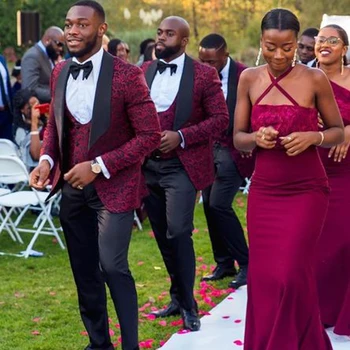 2023 Мужские костюмы для свадьбы, костюмы жениха, бордовый пиджак, 3 предмета, мужские приталенные костюмы, костюм Homme mariage в африканском стиле по индивидуальному заказу