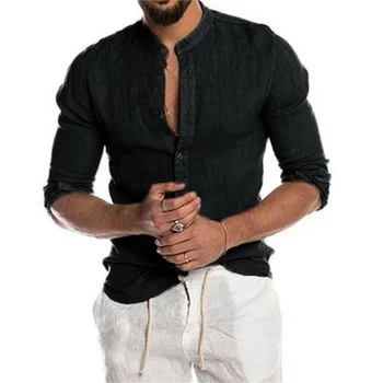 2023 Новая мужская однотонная льняная рубашка с длинным рукавом, кардиган, мужская рубашка с длинным рукавом