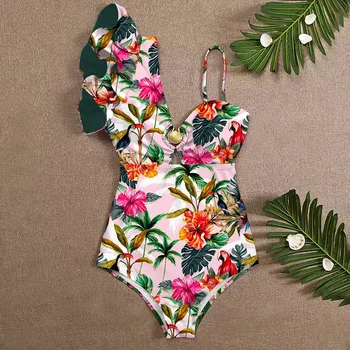2023 Сексуальный цельный купальник с рюшами на одно плечо, женский купальный костюм, пляжная одежда с цветочным принтом, роскошный Монокини