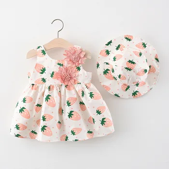2шт Летнее Платье принцессы для маленьких девочек с цветами, Хлопчатобумажные платья без рукавов + Солнцезащитная шляпа, Одежда для новорожденных девочек, Vestidos