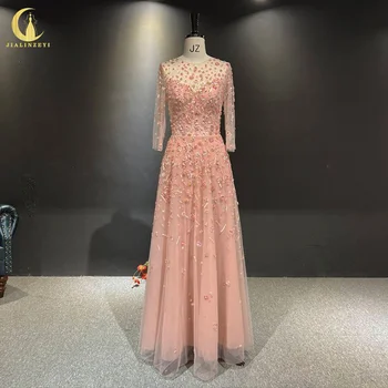 3171 Elie Saab Роскошные вечерние платья robe de soirée с длинными рукавами, расшитыми бисером и пайетками, розового цвета.