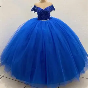 ANGELSBRIDEP Плюс Размер Пышное платье с открытыми плечами, Расшитое бисером, Королевское Синее Бальное платье С 3D аппликацией Vestidos De Novia
