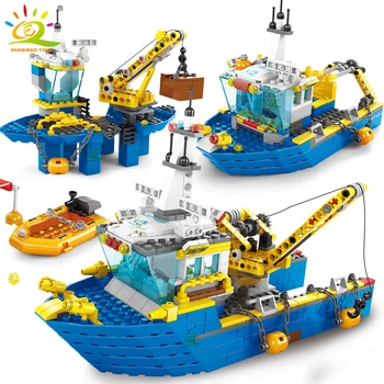 HUIQIBAO TOYS Инженерная Лодочная станция Строительные блоки City Construction MOC Crane Ship Набор кирпичей для детей Детские игрушки для мальчиков