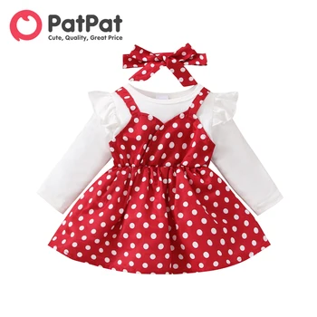 PatPat 2 шт., платье с длинными рукавами и повязкой на голову с искусственным принтом в горошек для девочки из двух предметов