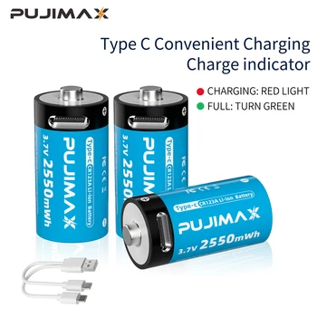 PUJIMAX 3,7 В CR123A Литиевые Батареи 2550 МВтч Литий-ионный Аккумулятор Поддержка Кабеля Type-C Для Зарядки Игрушек-Фонариков