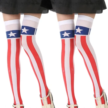 Q1FA, носки выше колена с принтом американского флага в звездную полоску, праздничная вечеринка, День независимости, чулки до бедра для женщин
